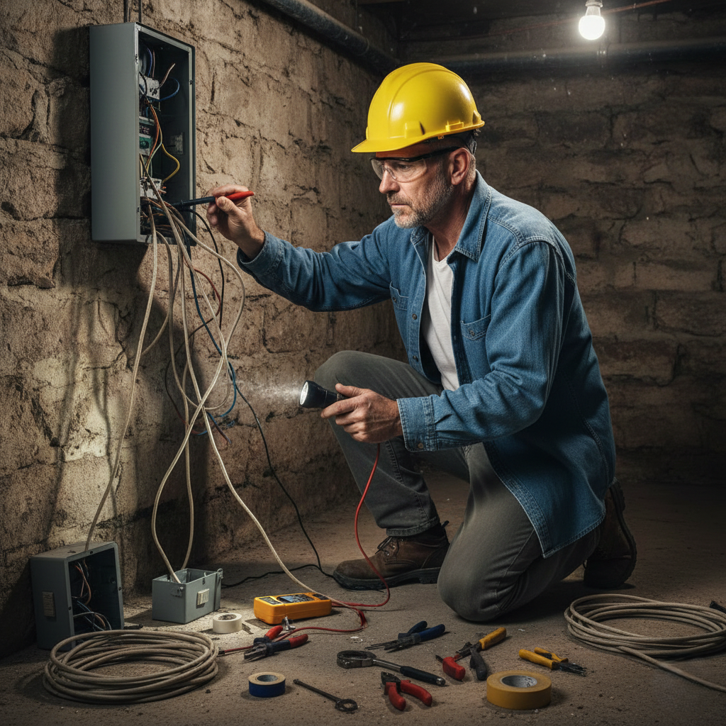 Électricien à Agadir effectuant des travaux de dépannage et d’installation électrique dans un local intérieur