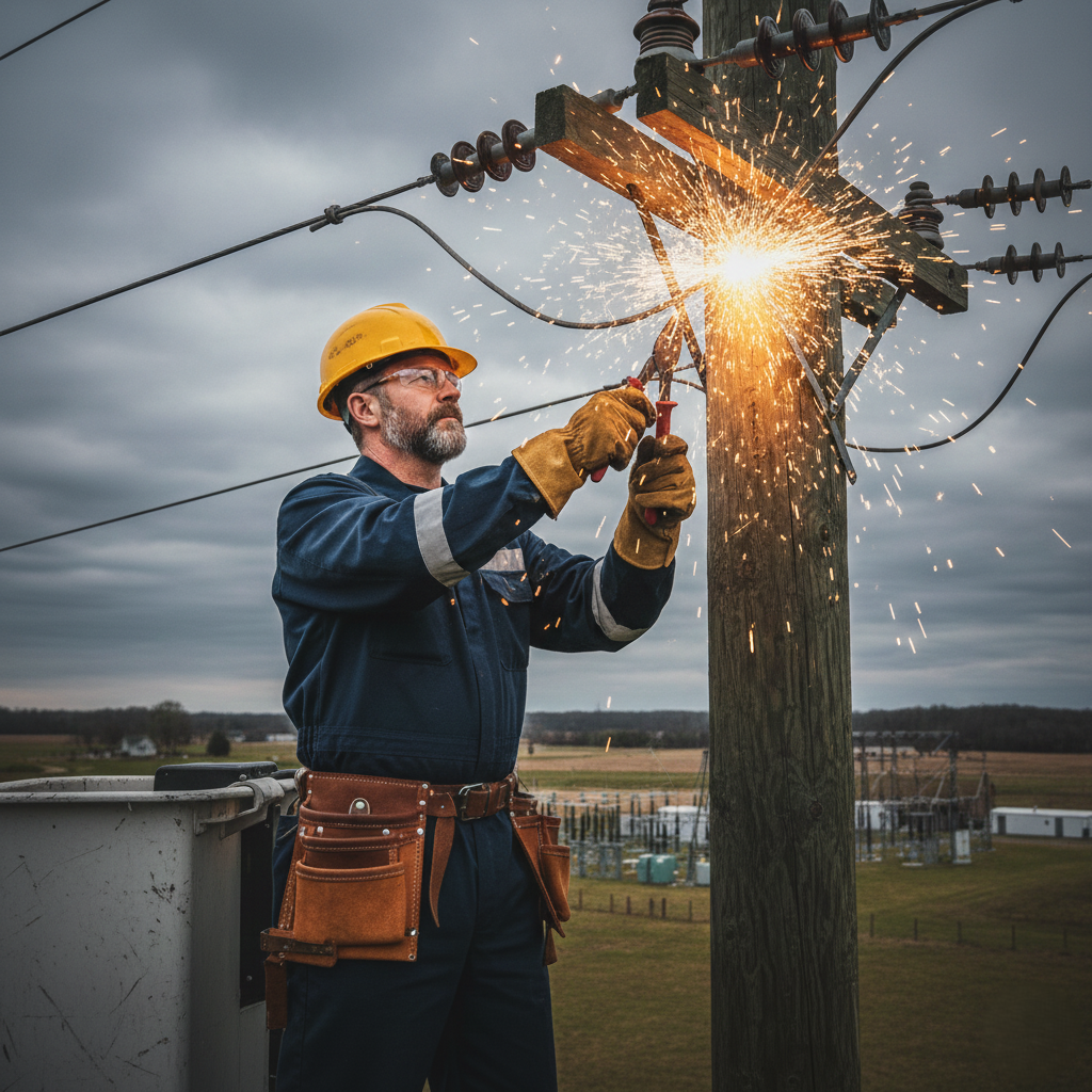 Électricien qualifié à Agadir réalisant une intervention sur un réseau électrique extérieur avec équipement de sécurité