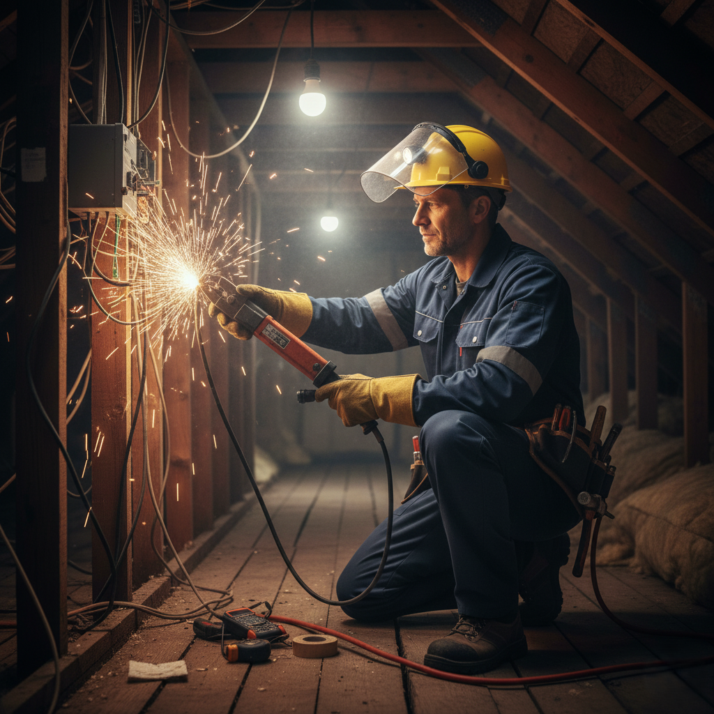 Électricien professionnel à Casablanca réalisant une installation électrique intérieure avec équipement de sécurité