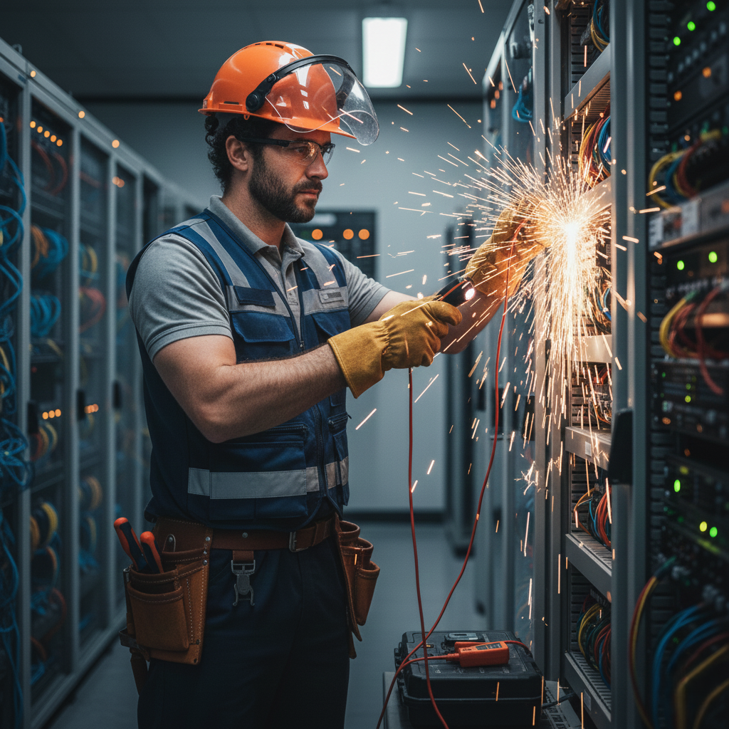 Électricien à Casablanca effectuant des travaux de maintenance électrique dans un local technique