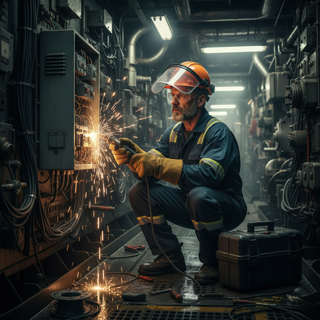 Électricien à Marrakech effectuant une intervention de dépannage électrique dans un environnement industriel