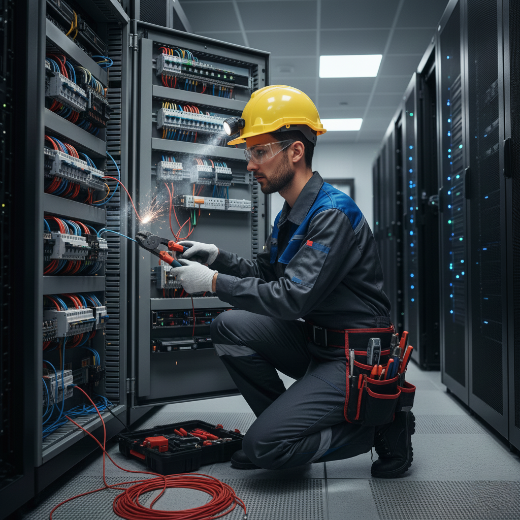 Électricien professionnel à Marrakech intervenant sur une installation électrique dans un local technique