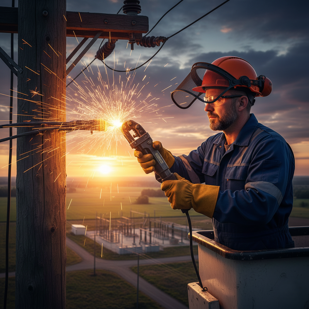 Électricien qualifié à Rabat effectuant une intervention sur un réseau électrique extérieur avec équipement de sécurité