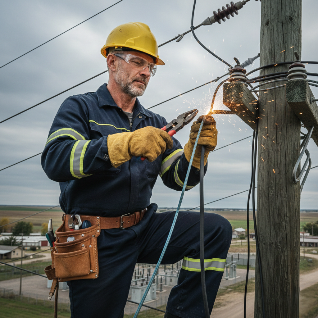 Électricien à Rabat intervenant sur des lignes électriques pour des travaux de maintenance et de sécurité