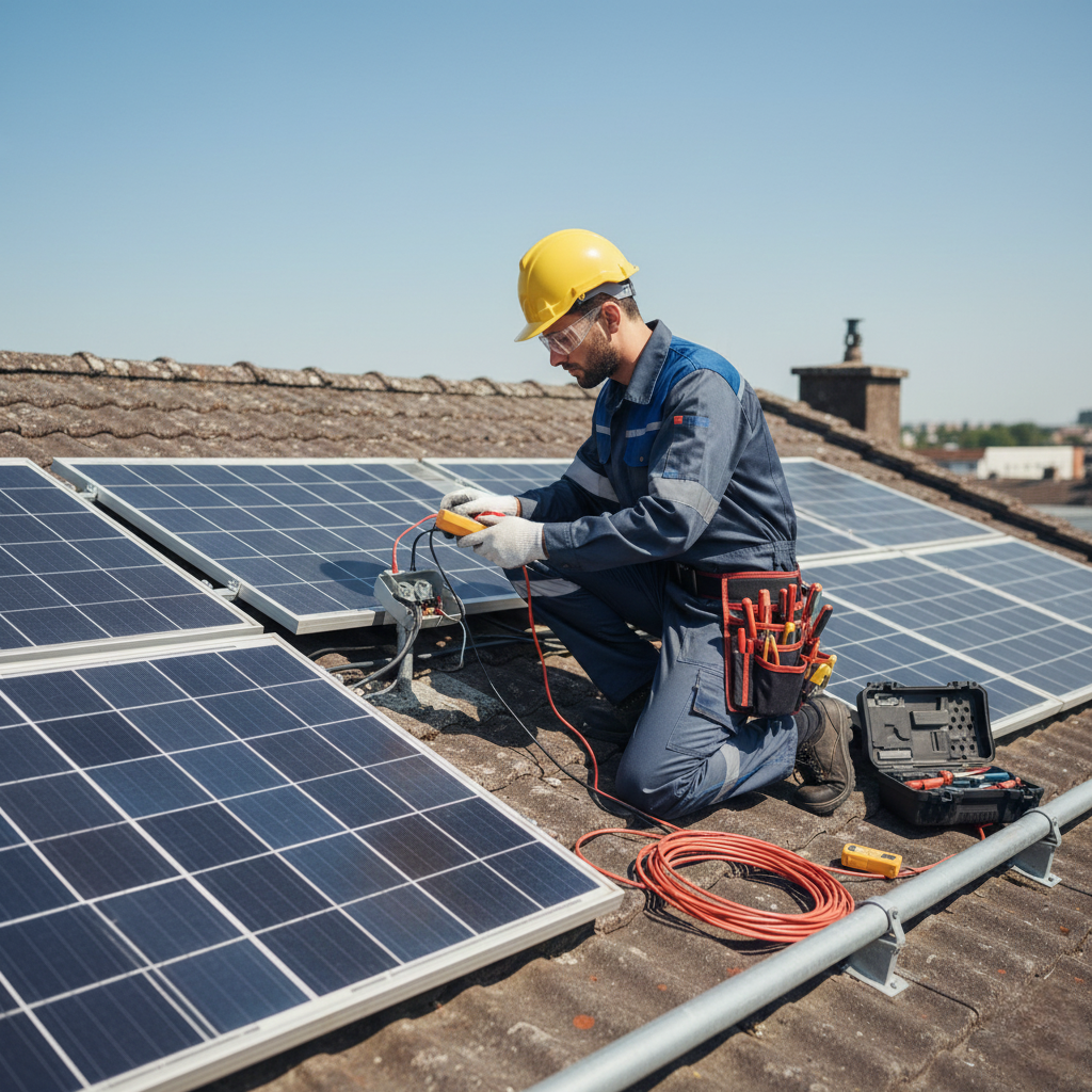 Électricien à Tanger effectuant l’installation et la maintenance de panneaux solaires sur toiture