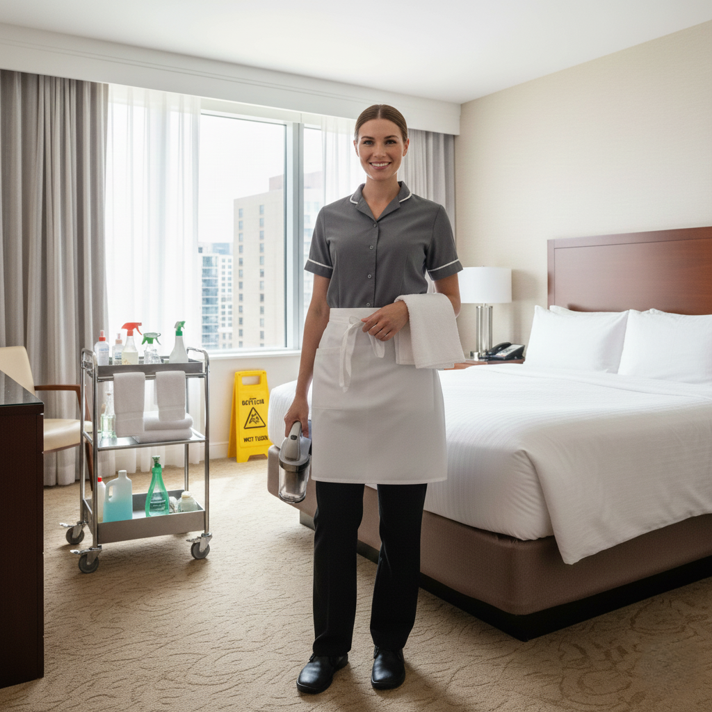 Femme de ménage à Casablanca assurant le ménage d’une chambre d’hôtel