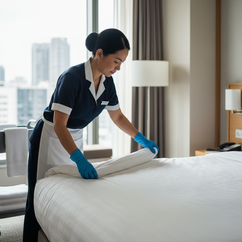 Femme de ménage à Marrakech préparant une chambre propre et soignée