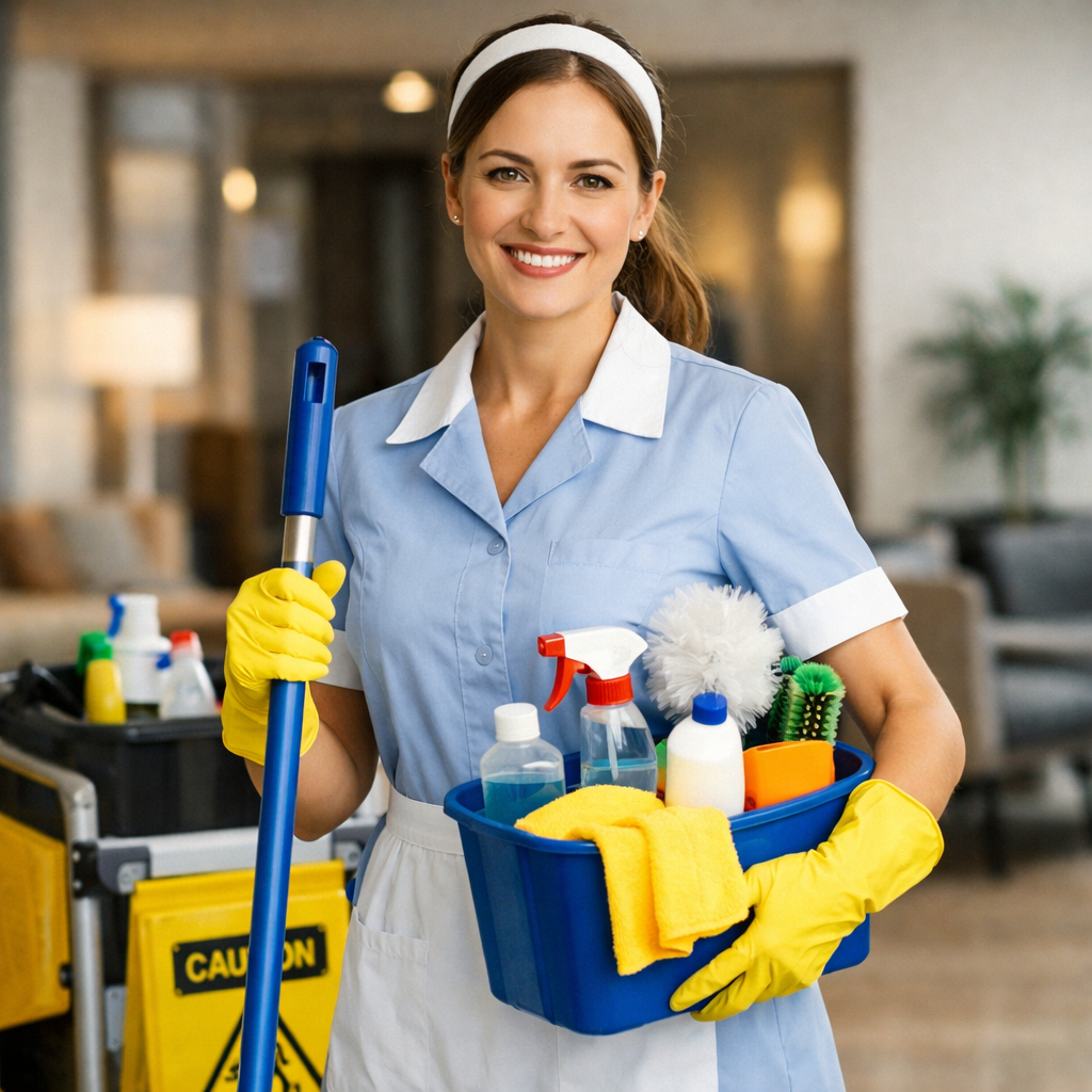 Femme de ménage à Rabat avec matériel de nettoyage pour ménage à domicile