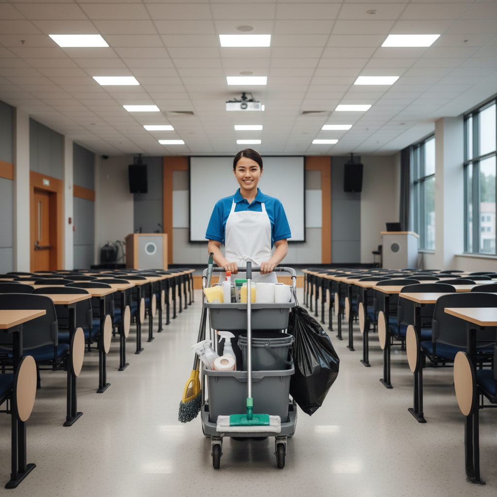 Femme de ménage à Rabat assurant le nettoyage d’un espace professionnel