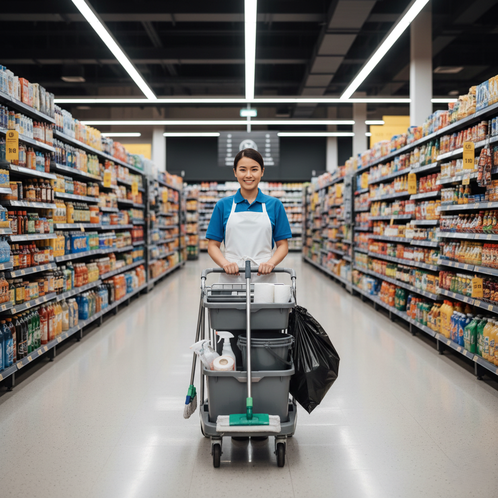 Femme de ménage à Tanger assurant le nettoyage d’un espace commercial