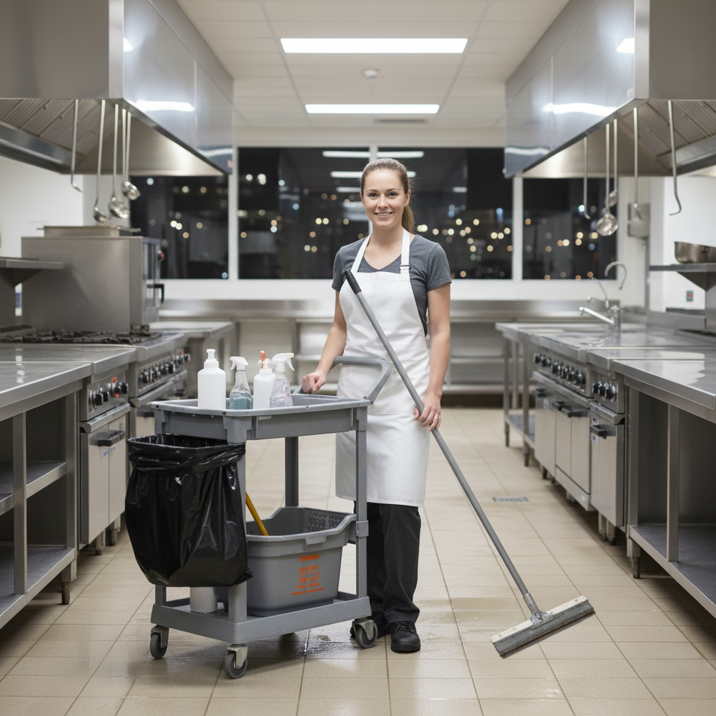 Femme de ménage à Tanger nettoyant une cuisine professionnelle