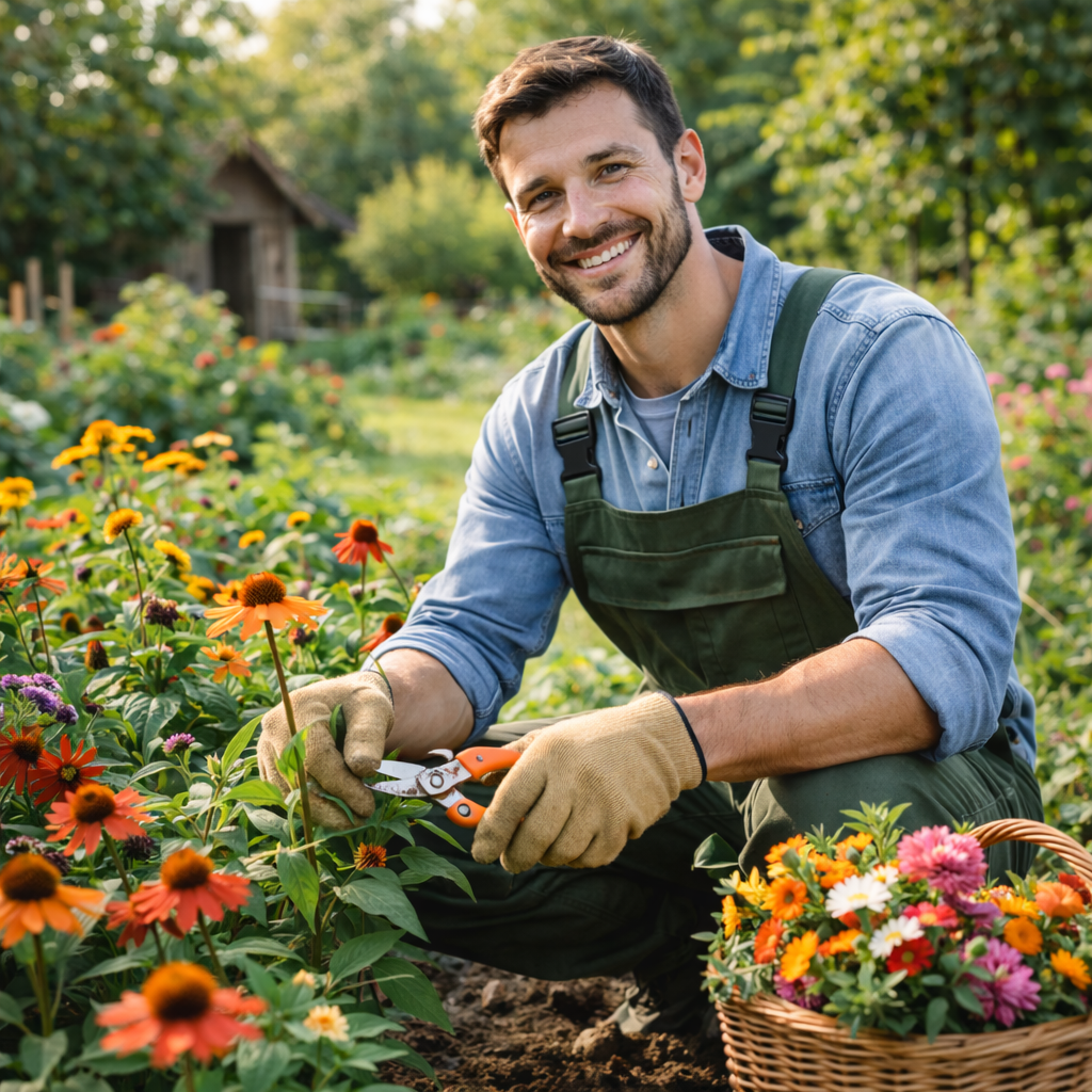 Jardinier qualifié à Agadir effectuant la taille des plantes et l’entretien d’un jardin fleuri.