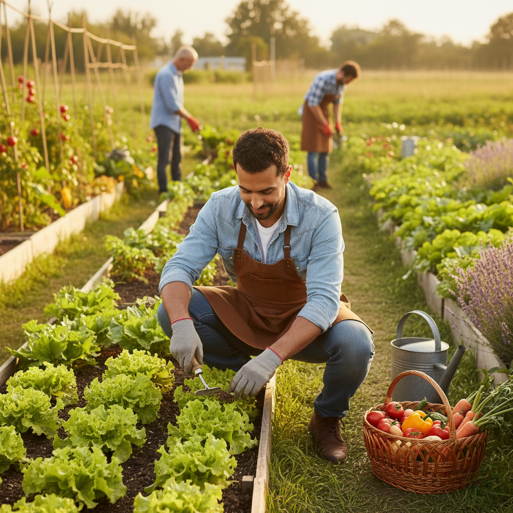 Jardinier professionnel à Agadir assurant l’entretien d’un potager et la culture de légumes en extérieur.