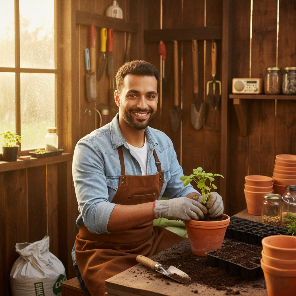 Jardinier à Agadir réalisant la plantation et l’entretien de plantes en pot dans un espace de jardinage.