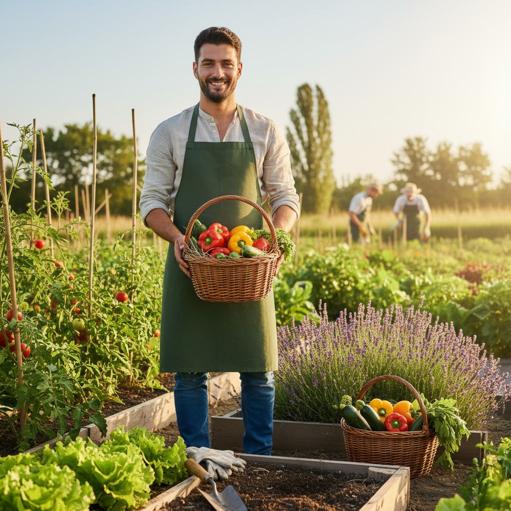 Jardinier professionnel à Casablanca tenant un panier de légumes et assurant l’entretien d’un potager.