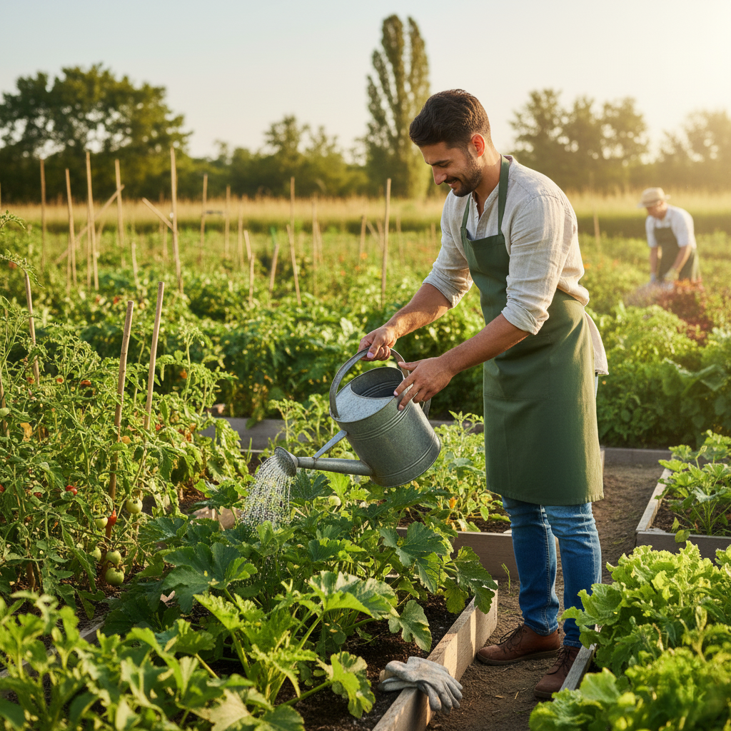 Jardinier à Marrakech arrosant les plantes et assurant l’entretien régulier d’un jardin.