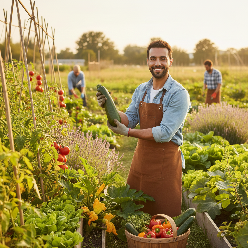 Jardinier professionnel à Marrakech assurant l’entretien d’un potager et la récolte de légumes.