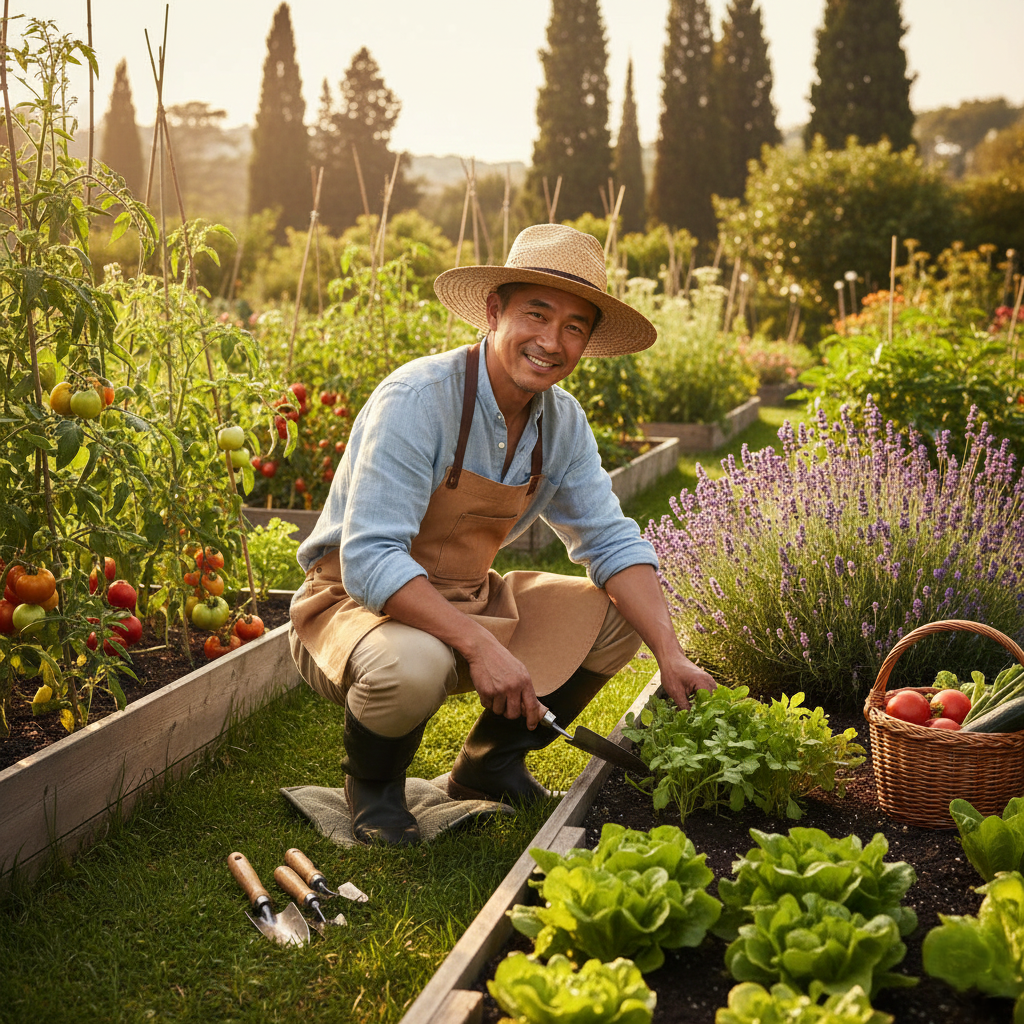 Jardinier qualifié à Tanger effectuant l’aménagement et l’entretien d’un jardin avec légumes et plantes aromatiques.