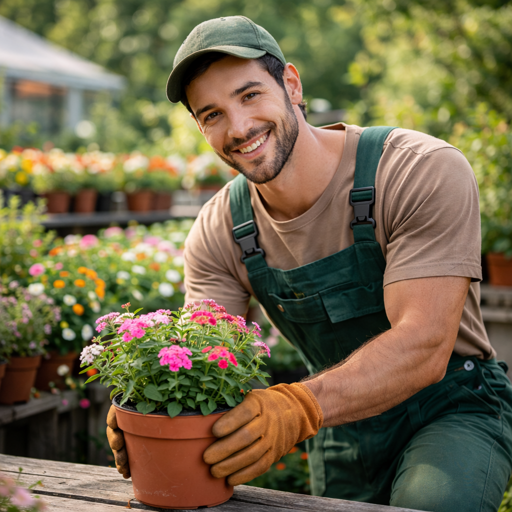 Jardinier professionnel à Tanger tenant un pot de fleurs et réalisant l’entretien et la plantation de plantes décoratives.
