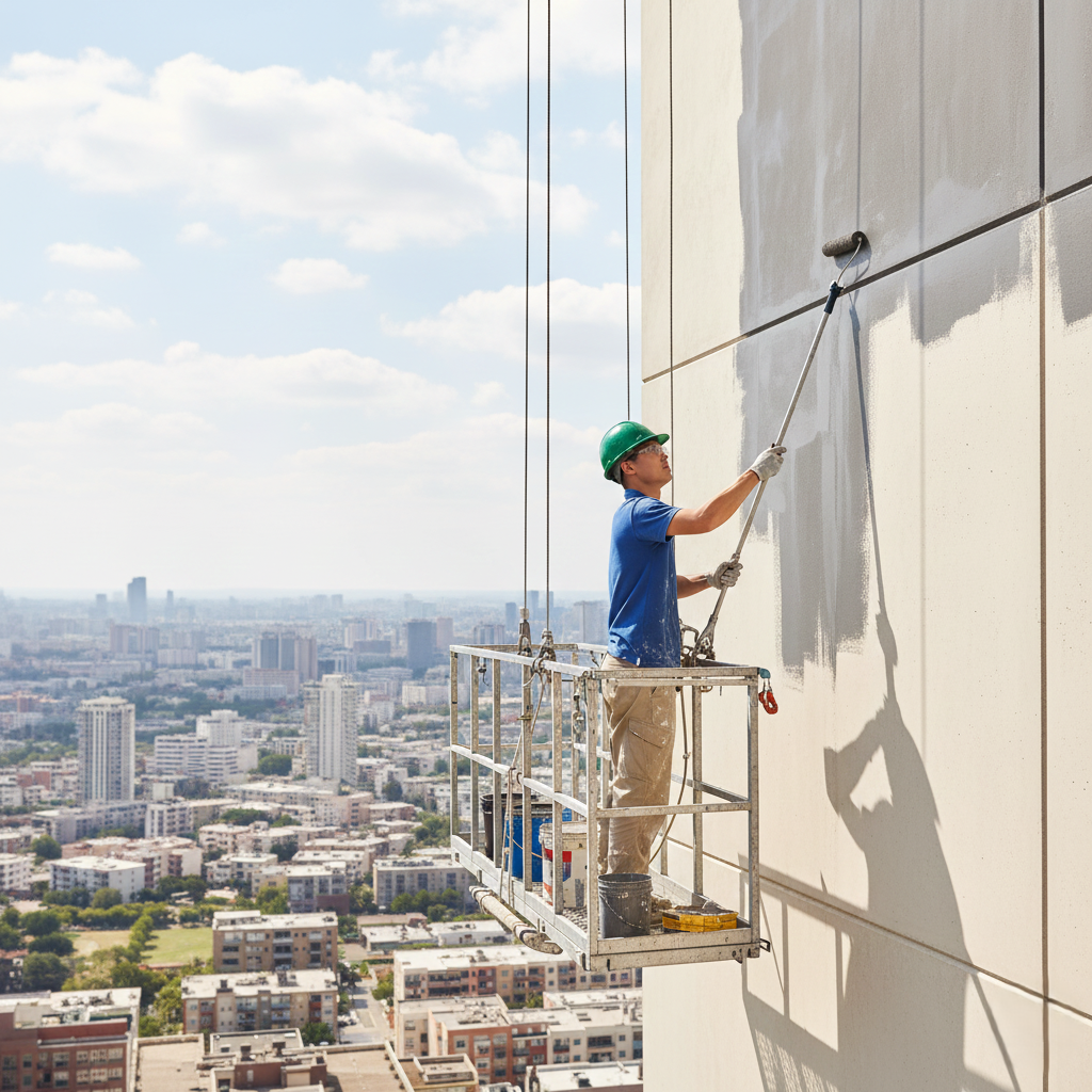 Peintre en bâtiment à Agadir effectuant des travaux de peinture de façade en hauteur