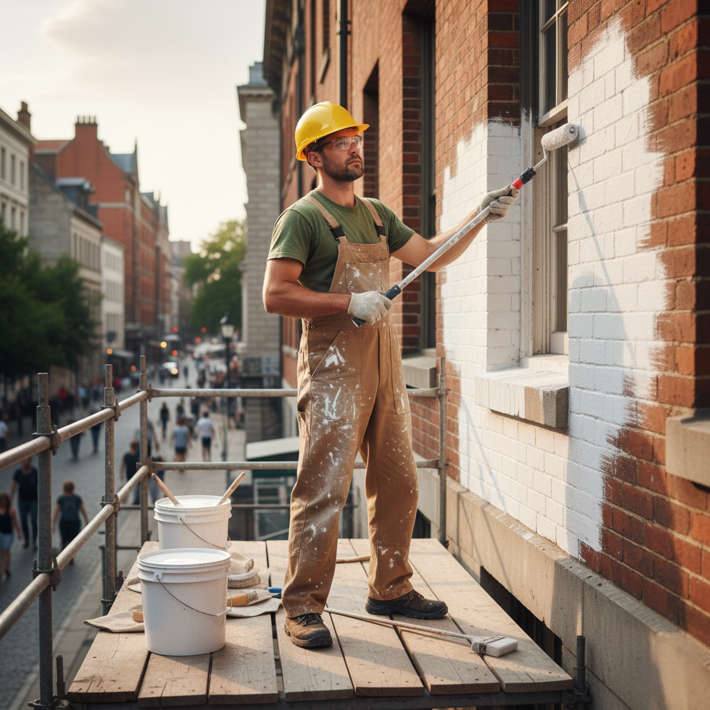 Peintre en bâtiment à Marrakech réalisant des travaux de peinture extérieure sur façade