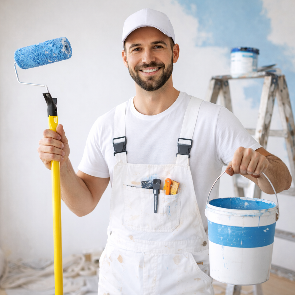 Peintre en bâtiment professionnel à Agadir réalisant des travaux de peinture intérieure avec rouleau et seau