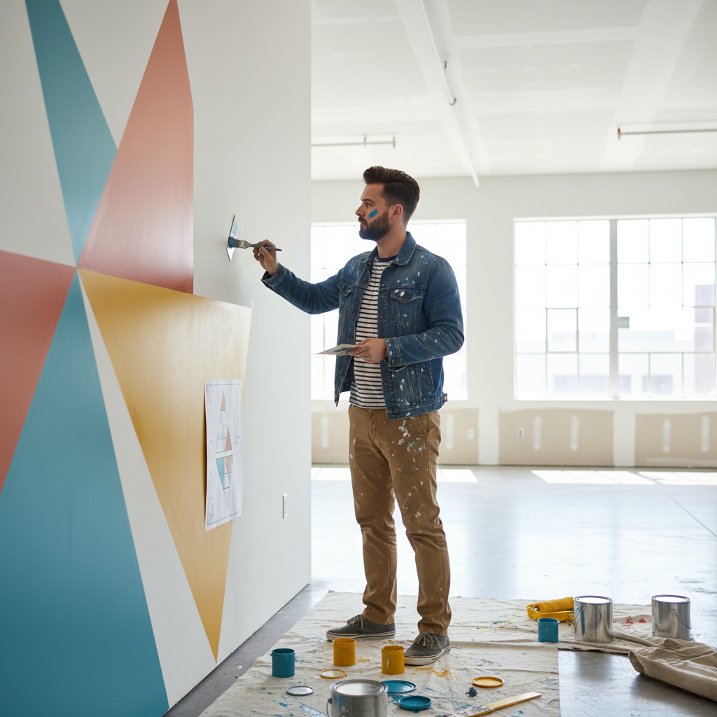 Peintre en bâtiment à Rabat réalisant une peinture décorative intérieure sur mur