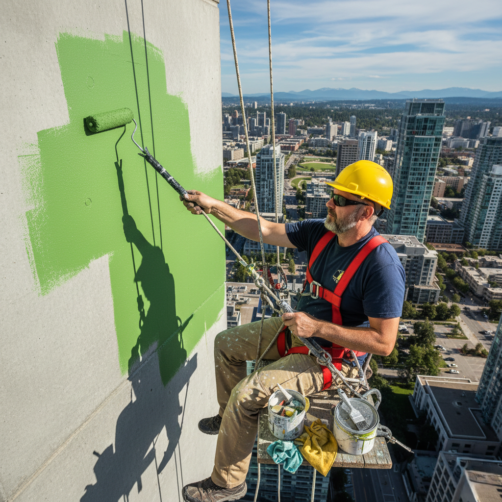Peintre en bâtiment à Rabat réalisant des travaux de peinture de façade en hauteur