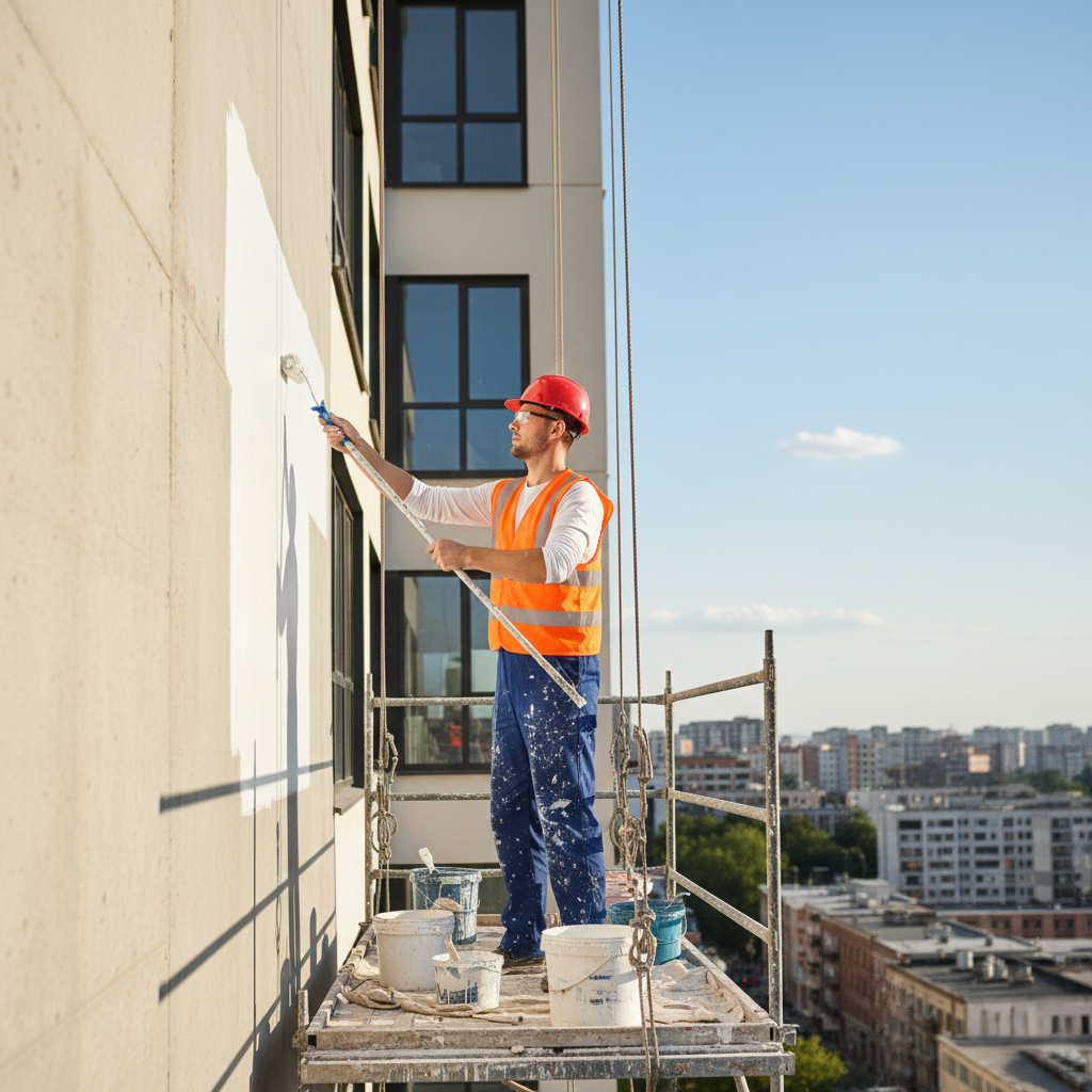 Peintre en bâtiment à Tanger réalisant des travaux de peinture extérieure en hauteur