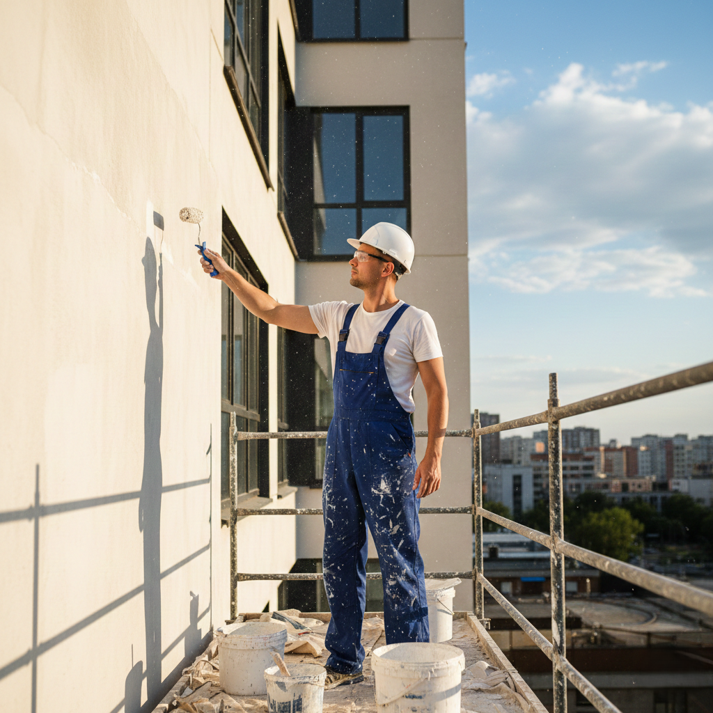 Peintre professionnel à Agadir réalisant des travaux de peinture extérieure sur un immeuble