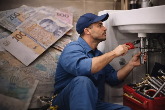 Plombier en uniforme bleu réparant une installation sous un lavabo, avec outils de plomberie et ambiance liée aux prix des services au Maroc