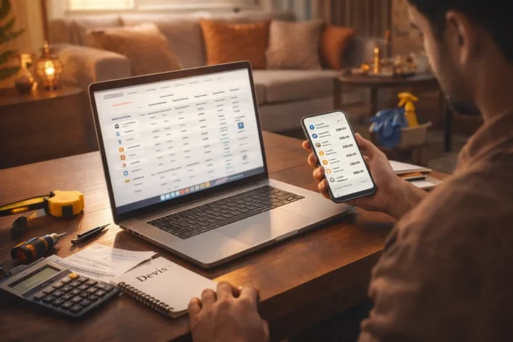 Personne comparant des devis de services à domicile sur ordinateur portable et smartphone dans un intérieur moderne au Maroc.