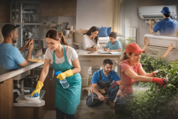 Montage illustrant plusieurs services recherchés au Maroc en 2026, comme le ménage, la climatisation, le jardinage, le soutien scolaire et les réparations à domicile.