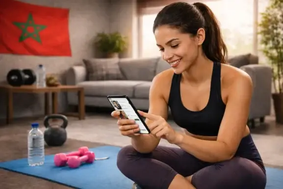 Femme marocaine utilisant son téléphone pour rechercher un coach sportif à domicile dans son salon avec équipement de fitness