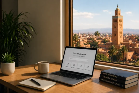 Espace de travail moderne avec ordinateur portable et vue sur une ville marocaine, illustrant le travail à distance depuis le Maroc