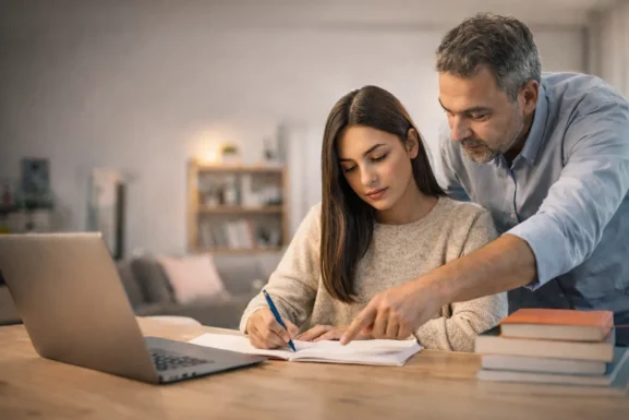 Professeur particulier aidant une élève à travailler à domicile au Maroc avec cahier et ordinateur portable