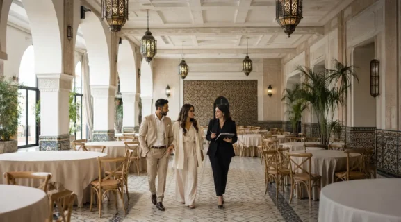 Couple marocain visitant une salle de mariage avec une coordinatrice