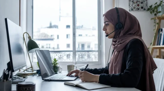 Professionnelle marocaine travaillant sérieusement à domicile sur ordinateur