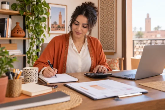 Professionnelle marocaine calculant le prix de ses services
