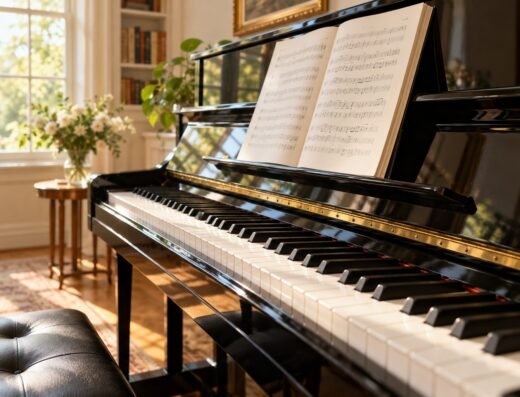 Piano noir et partition dans une pièce lumineuse