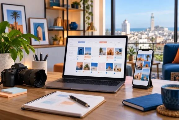 Espace de travail avec calendrier de contenu, smartphone et appareil photo pour le community management au Maroc