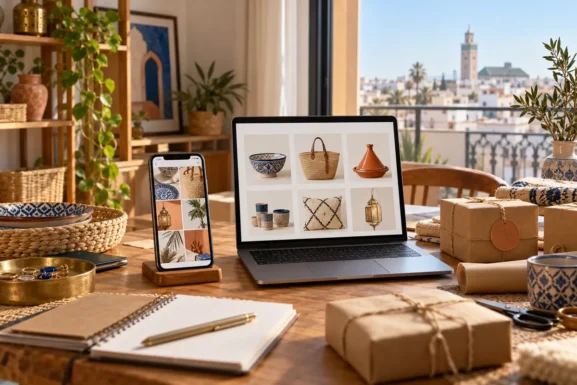 Smartphone et boutique en ligne sur ordinateur présentant des produits marocains à vendre
